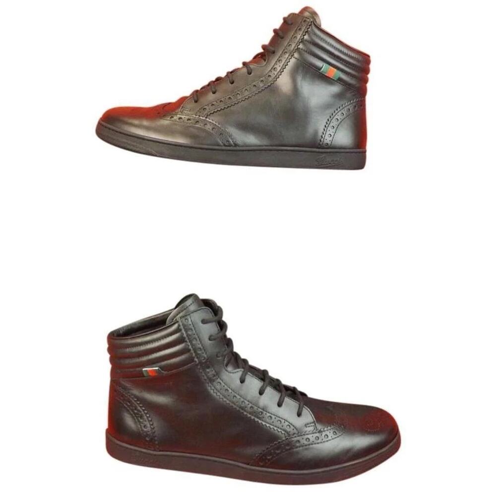 NIB GUCCI 295294 BLACK LEATHER WEB LOGO HIGH TOP SNEAKERS 6.5 $579 ITALY - Picture 6 of 7